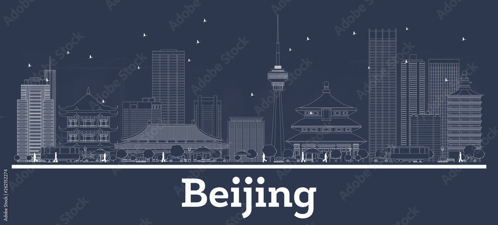 Outline Beijing China City Skyline with White Buildings.