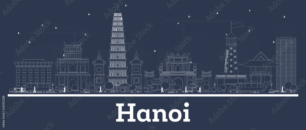 Outline Hanoi Vietnam City Skyline with White Buildings.