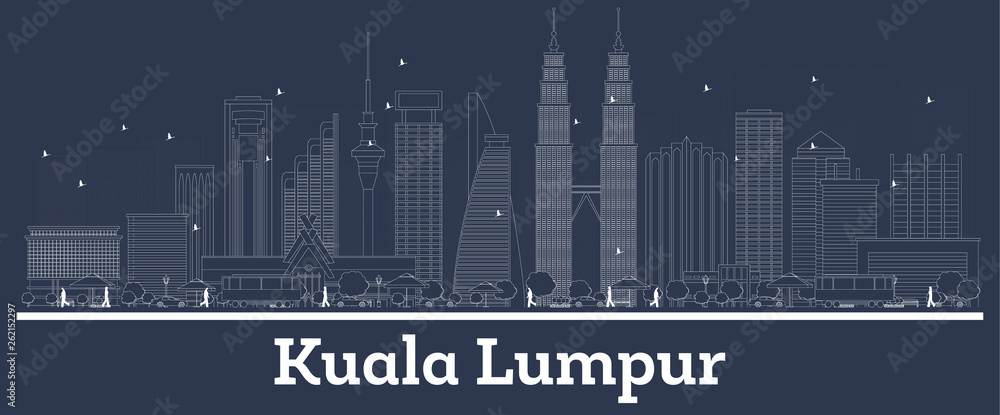 Outline Kuala Lumpur Malaysia City Skyline with White Buildings.