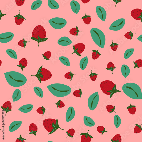 Seamless summer background with strawberries in cartoon style. Red strawberries and green leaves. Vector illustration for textile, packaging,