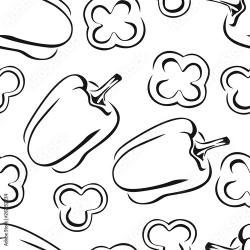 Bell pepper seamless black and white pattern. Vector monochrome illustration of paprika vegetable  in simple style.