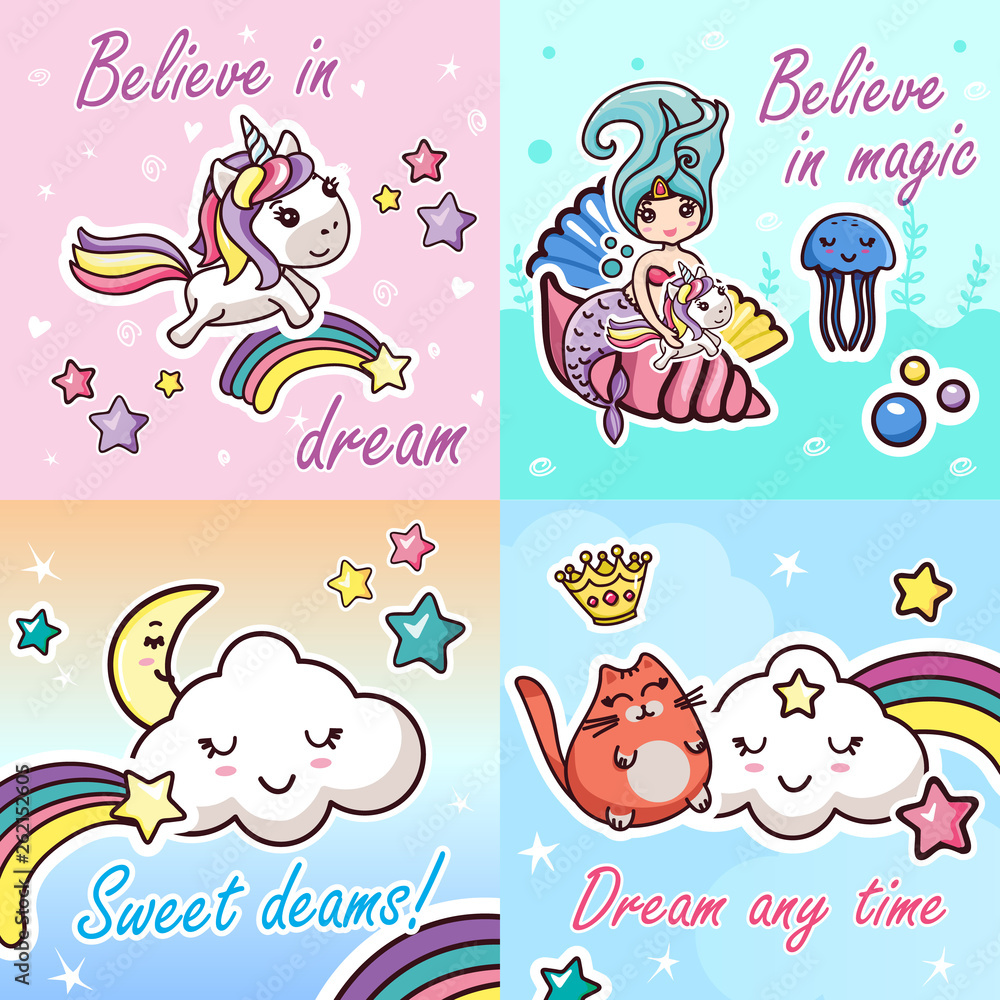 Set Kawaii Cartoon Lettering Girlish Card Template Set Kawaii Cartoon Lettering Girlish Card Template