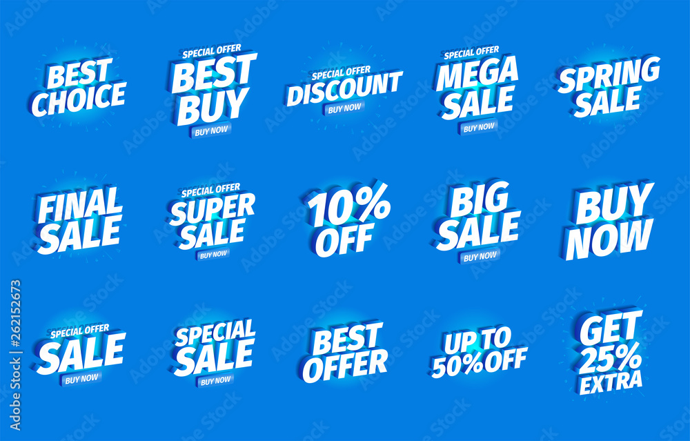 Sale offers set. Advertising promotion poster set. 3d letters on a blue background. Special offer slogan, super call for purchases. Vector color Illustration text marketing clipart.