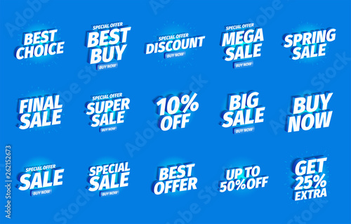 Sale offers set. Advertising promotion poster set. 3d letters on a blue background. Special offer slogan, super call for purchases. Vector color Illustration text marketing clipart.