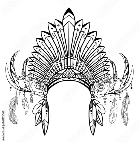 Outline drawing of native cap of Indian with feathers, decorations and drawing of deer antlers with feathers and roses.  Tribal costume. Vector illustration for sketch of tattoo, printing on T-shirts,