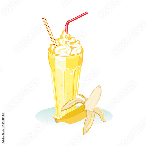 Banana milk shake in glass with straw isolated on white background. Vector illustration of refreshing cocktail with fresh fruit in cartoon simple flat style.