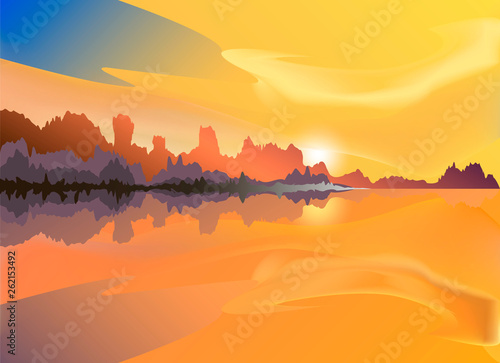 sunset landscape on the river. vector image of nature. sunset on the river
