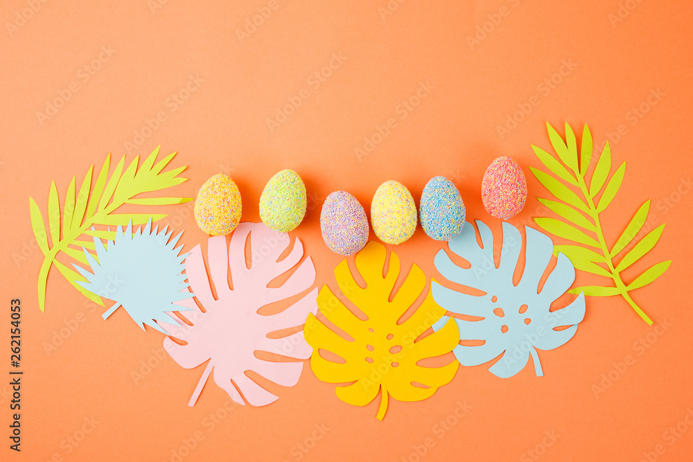 Color eggs and palm leaves Color eggs and palm leaves