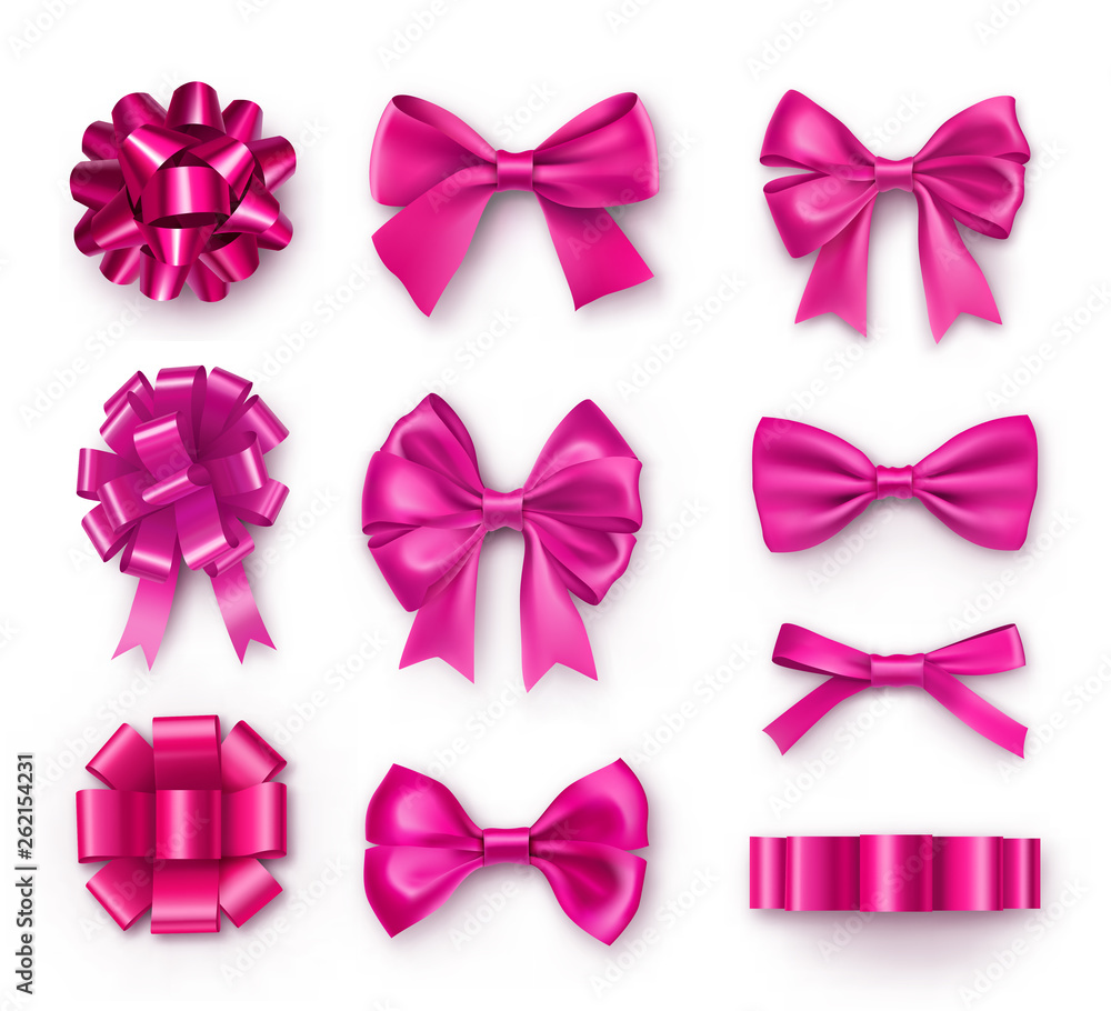 Decorative pink gift bows with ribbons. Mother day design element isolated on white background. Realistic decoration for holidays presents and cards. Elegant object from silk vector illustration.