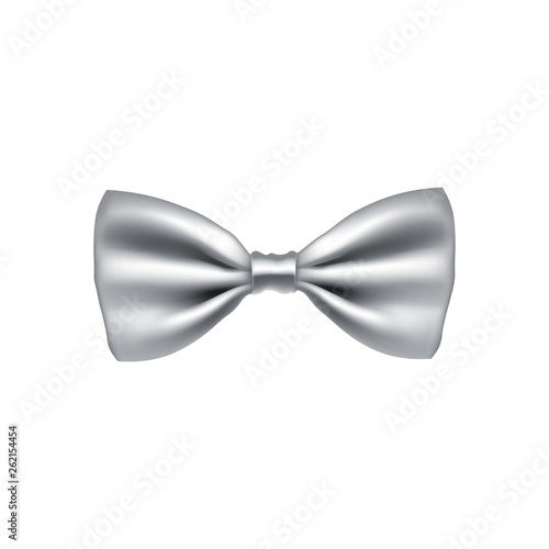 Gray bow tie from satin material. Elegant clothes accessory isolated on white background. Realistic formal wear for official event. Holiday decor from silk vector illustration.