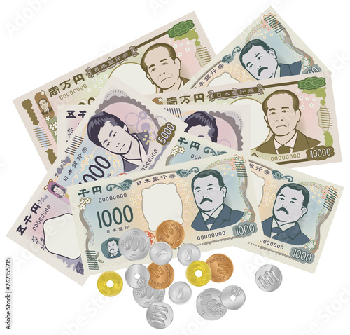 乱雑に並ぶ新紙幣と硬貨のイメージイラスト