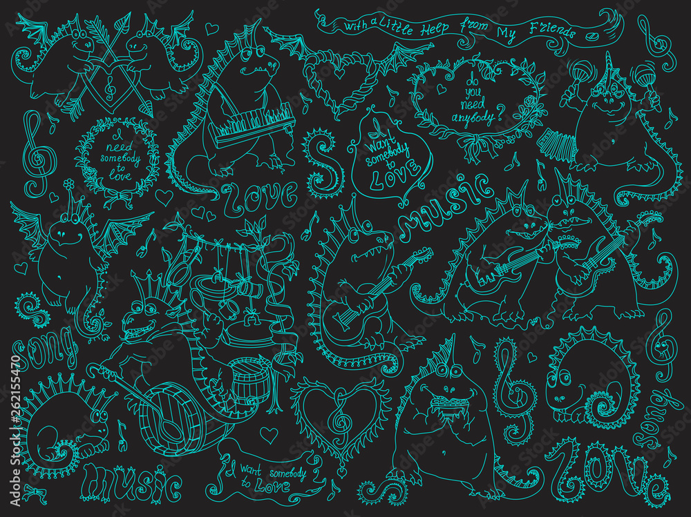 Vector set of funny cartoon dragons playing music and singing a song.  Turquoise green outline contour doodle drawing on a black background. Tee  shirt print, album cover, musical concert poster Stock Vector |