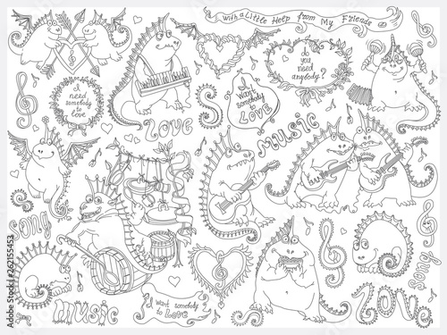 Download Vector Set Of Funny Cartoon Dragons Playing Music And Singing A Song Black Outline Contour Doodle Drawing On A White Background Adults And Children Coloring Book Page Album Cover Stock Vector