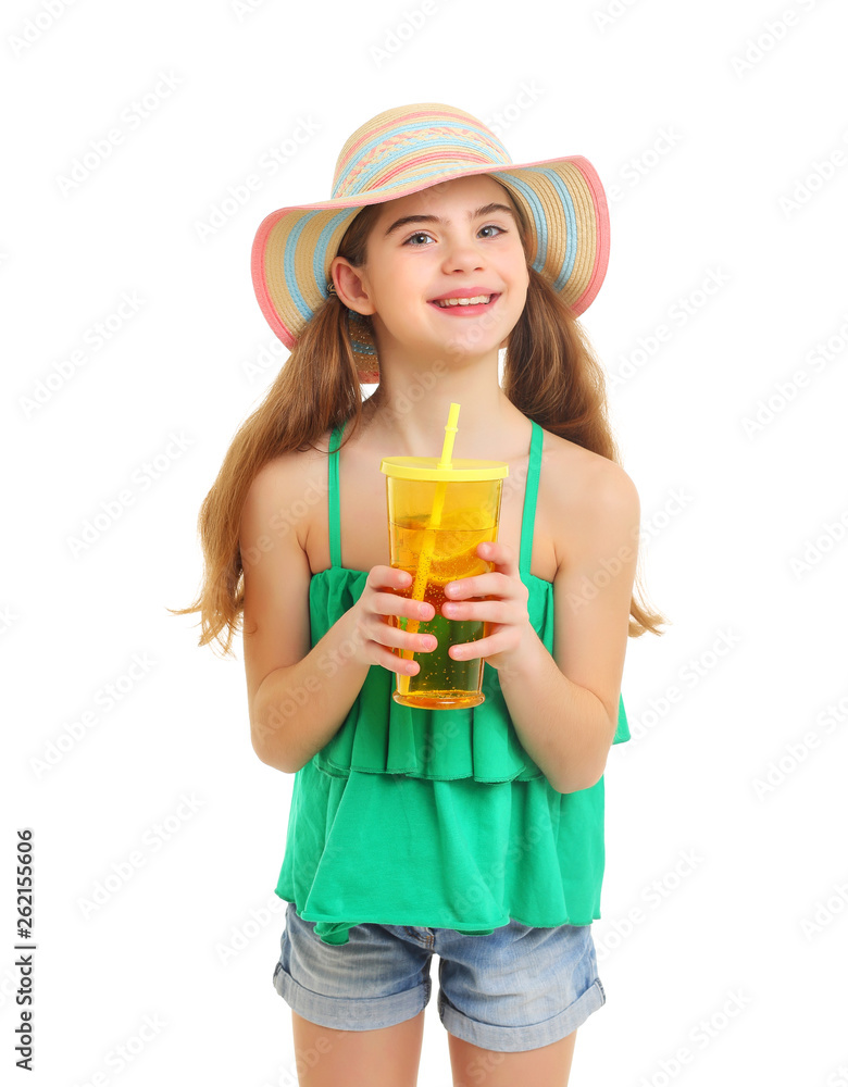 Bright summer portrait of a 10-year-old girl with lemonade in a hat Bright summer portrait of a 10-year-old girl with lemonade in a hat