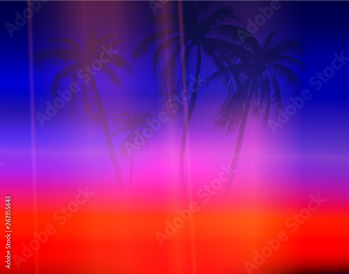 Blue and red abstract neon spectrum background with palm trees, vaporwave style.