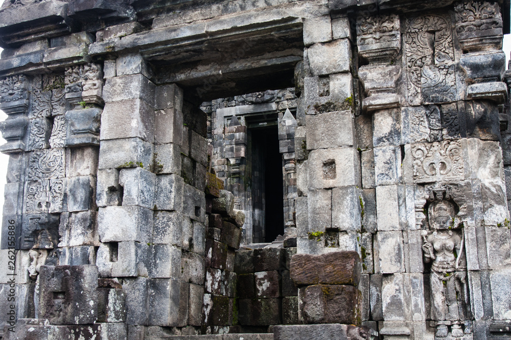 A fragment of the Candi Sewu (Sewu Temple) exterior with a entrance