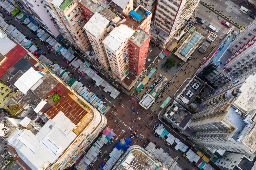 Top view of Hong Kong city, street market