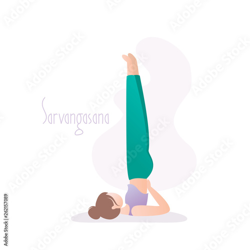 Girl doing yoga pose,houlderstand or Sarvangasana asana in hatha yoga
