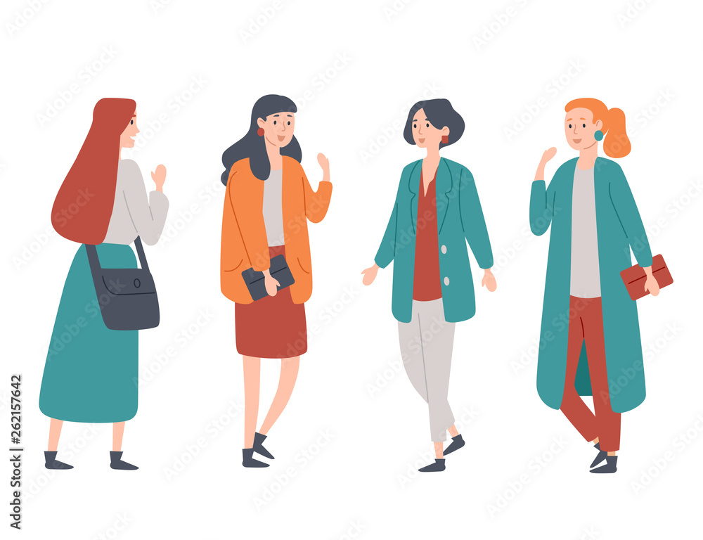 Fototapeta premium Portrait of a group of four young women standing together Female students, friends, colleagues