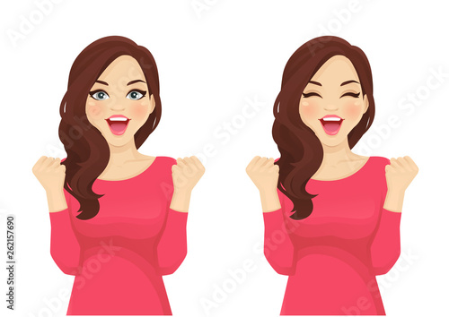 Portrait of happy beatiful wave hairstyle woman celebrating success isolated vector illustration