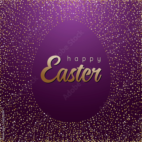 Happy Easter, He Is Risen congrats. Isolated abstract graphic design template. Glittering decoration. Congratulation eggs idea, violet background. Religious shining traditional symbol, lettering sign.
