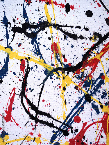 Splash oil painting blue red yellow colors on white canvas background and textured.Abstract background.Modern arts
