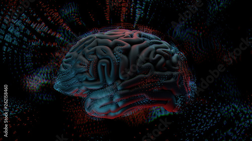 3d render abstract background with brain surrounded with polygonal structures. Complex mind concept. Technology and brain.