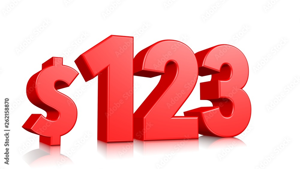 123$ One hundred twenty three price symbol. red text 3d render with dollar sign on white background 123$ One hundred twenty three price symbol. red text 3d render with dollar sign on white background
