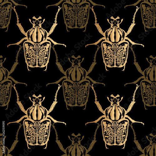 Seamless pattern with insects. Gold beetles on black background.
