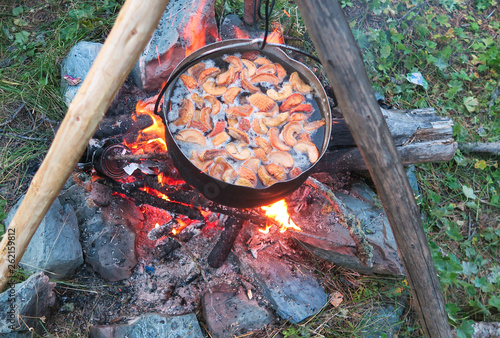 Apple compote of fresh fruits in a pot on the fire