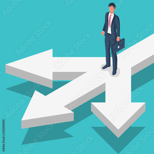 Businessman standing at crossroads. Decide direction. Choice of ways. Crossroads arrows. Human before choosing. Career path choice or strategy. Vector illustration flat design. Isolated background.