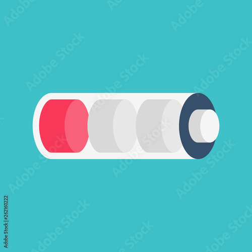 Low battery vector icon. Isolated on background. Flat design sign. Red low charge level.