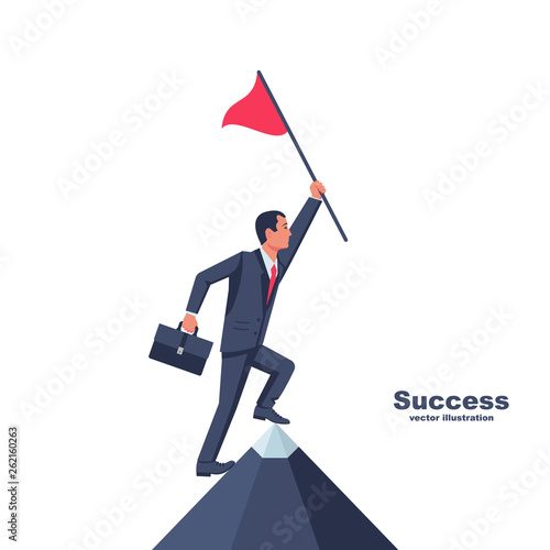 Businessman hold red flag on top of mountain. Goal achievement. Mountain peak as a symbol successfull mission. Business concept. Enjoys victory. Progress. Achievements in work.