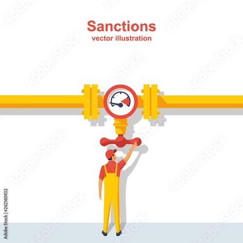 Gas sanctions. The governing body on the pipeline closes the valve. Gas and oil pipeline. Flow control. Vector illustration flat design. Isolated on white background. 
