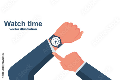 Looking time. Human in a suit watching time. Time control. Vector illustration flat design. Isolated on white background. Luxury elegant businessman with a fashionable watch.