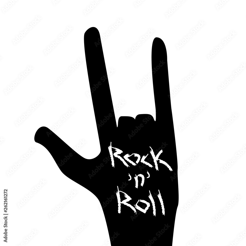 Vecteur Stock Silhouette of hand showing a rock sign and text of rock-n-roll.  Vector illustration. | Adobe Stock