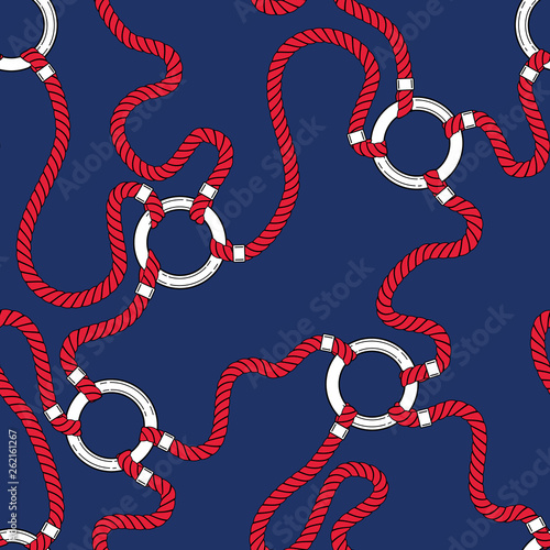 Intertwining Red Nautical Ropes and Chain Links Vector Seamless Pattern. Tangled Cords Navy Blue Marine Background