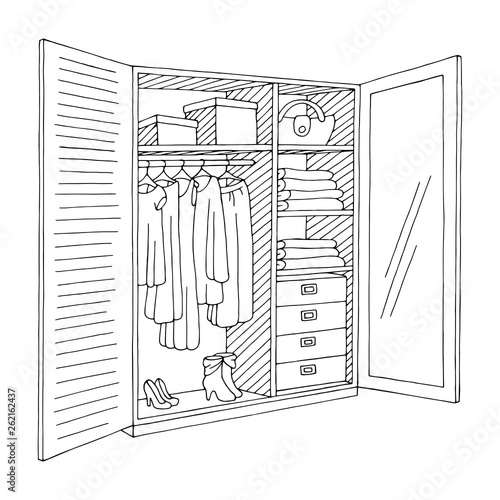 Wardrobe open doors graphic black white isolated sketch illustration vector