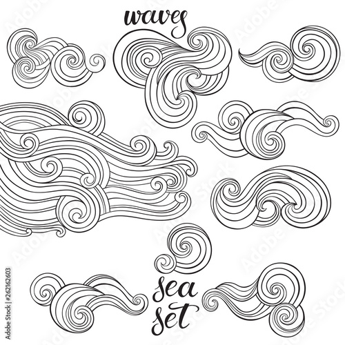 Sea waves set . Vector isolated elements on a white background. Hand-drawn vector illustration, one line drawing.