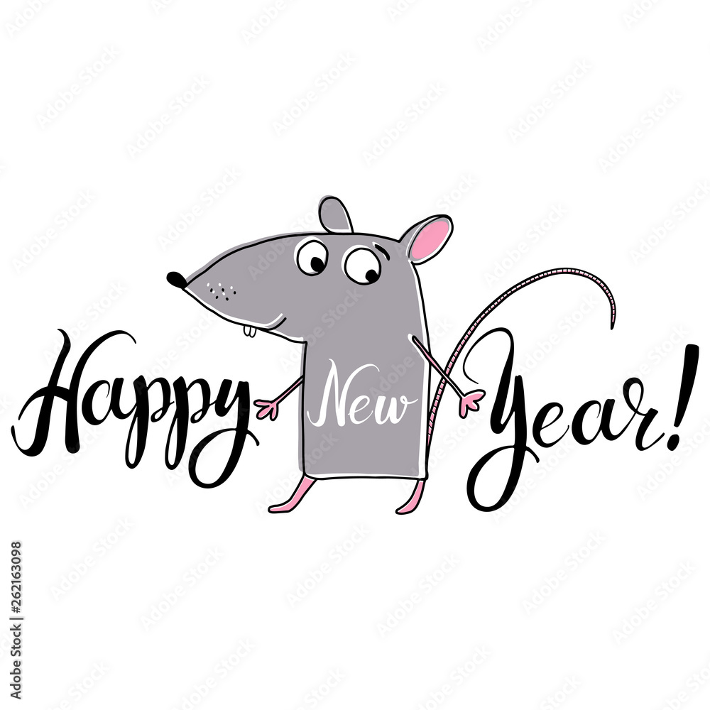 Cute cartoon rat and wish a happy new year in English. Vector ...