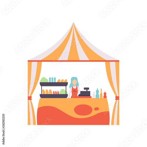 Market Food Counter with Fast Food and Female Seller, Street Trading Retail Stall Vector Illustration