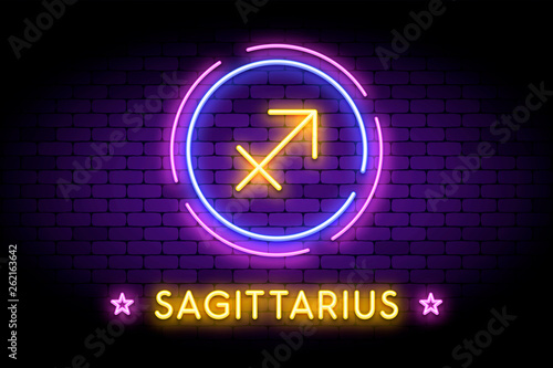 The Sagittarius zodiac symbol, horoscope sign in trendy neon style on a wall. Sagittarius astrology sign with light effects for web or print.