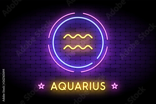 The Aquarius zodiac symbol, horoscope sign in trendy neon style on a wall. Aquarius astrology sign with light effects for web or print.