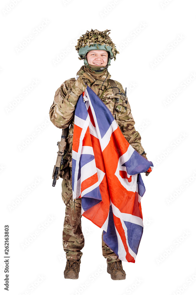 British soldier holding waving Jack Union flag