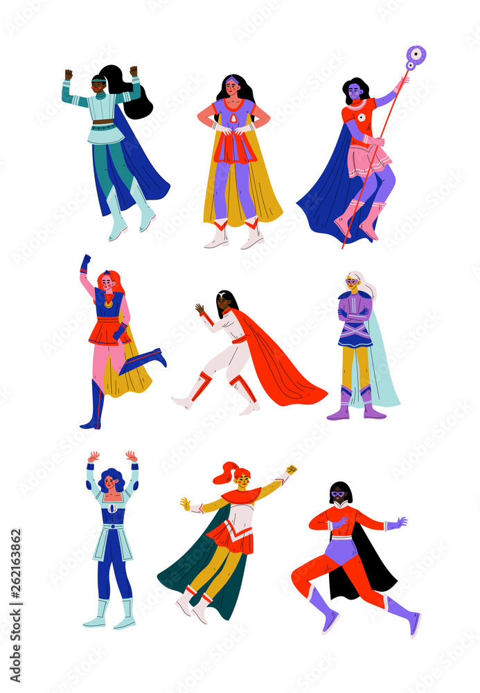 Young Women in Superhero Costumes and Capes Set, Beautiful Super Girls Characters in Different Poses Vector Illustration