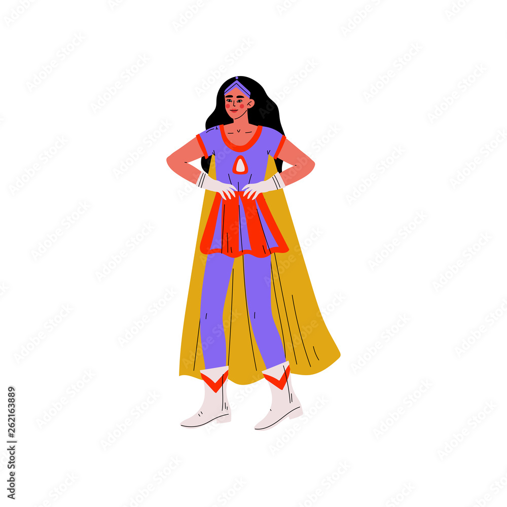 Young Brunette Woman in Bright Superhero Costume, Super Girl Character Standing with Hands on Her Waist Vector Illustration
