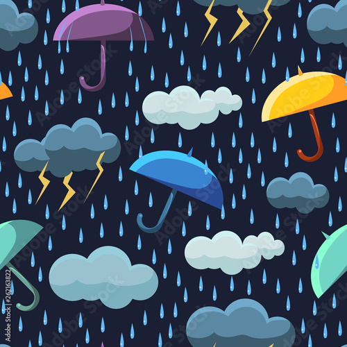 Cute Rainy Clouds and Umbrellas on Dark Blue Sky Seamless Pattern, Winter Design Element Can Be Used for Fabric, Wallpaper, Packaging Vector Illustration