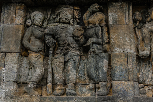 A fragment of the Borobudur Temple wall engravings, Yogyakarta, Central Java, Indonesia