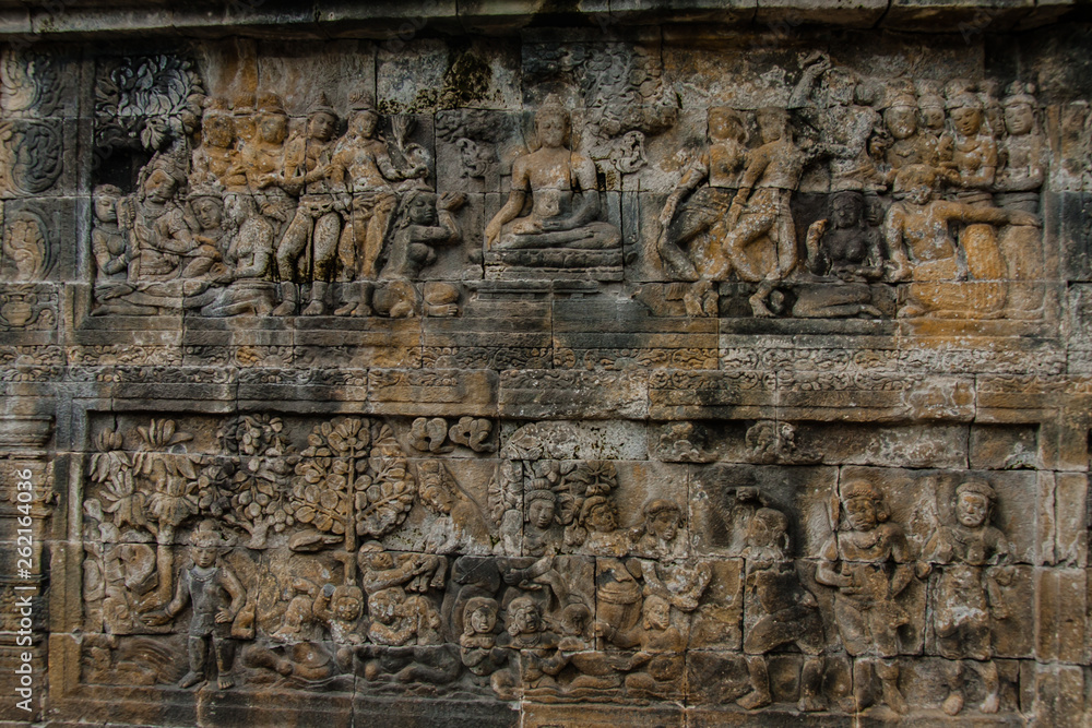 A fragment of the Borobudur Temple wall engravings, Yogyakarta, Indonesia