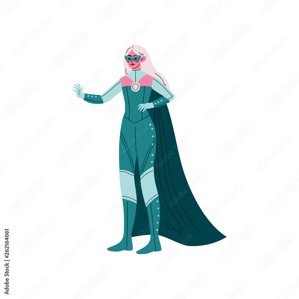Blonde Young Woman in Superhero Costume and Mask, Beautiful Super Girl Character Vector Illustration